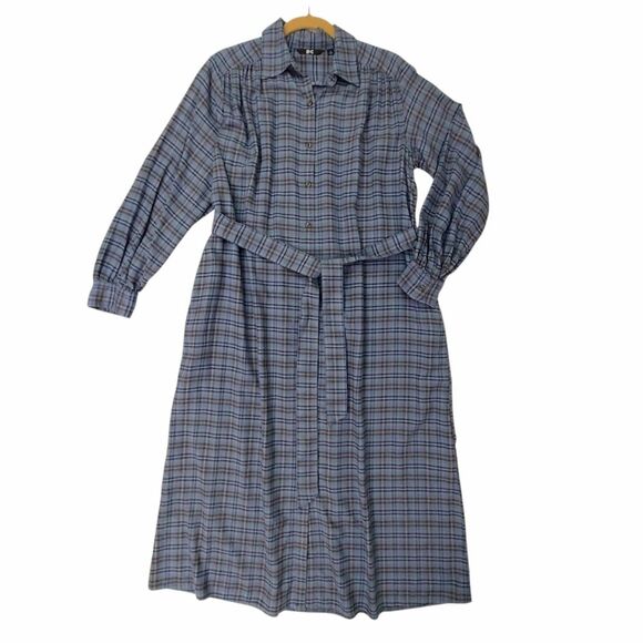 Uniqlo C Shirt Dress Womens Small Blue Long Flannel Checked Belted Front Button - Picture 1 of 13